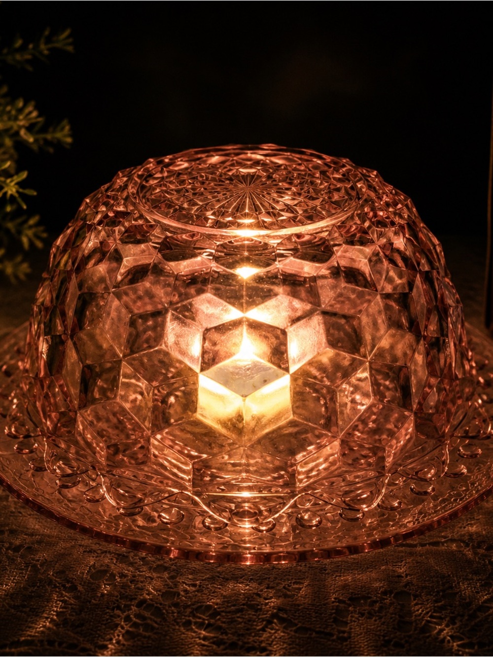 Vintage Pink Glass Fairy Lamp Cubist Bubble Pattern Cottagecore Decor